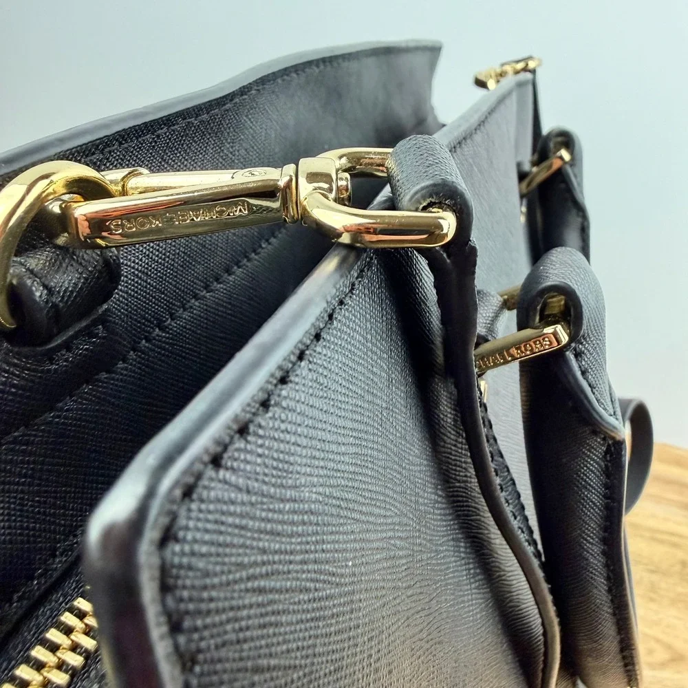 Michael Kors Selma Black Saffiano Leather Satchel Crossbody Bag Gold Hardware